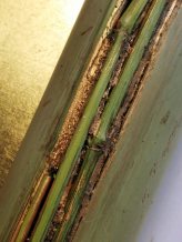 Dünne Bambuszweige in großen Spalt mit Heißkleber und vergoldet teilweise